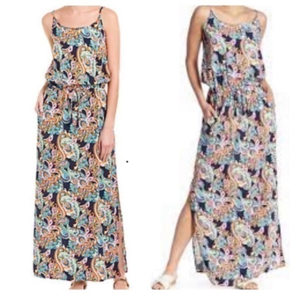 Tommy Bahama Mare Multi Paisley Print Elastic Tie Waist Slit Side Maxi Dress S